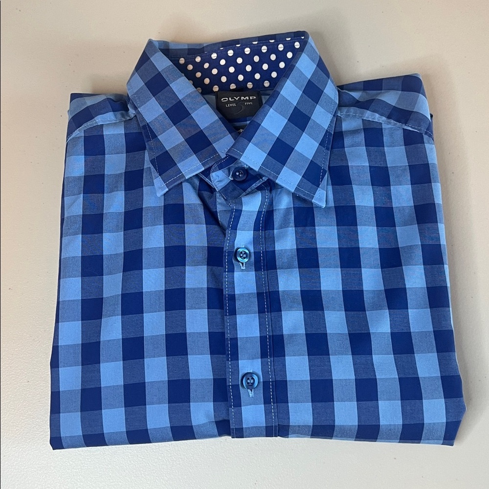 Olymp Level 5 Body Fit Blue Plaid Dress Shirt Size 15.5